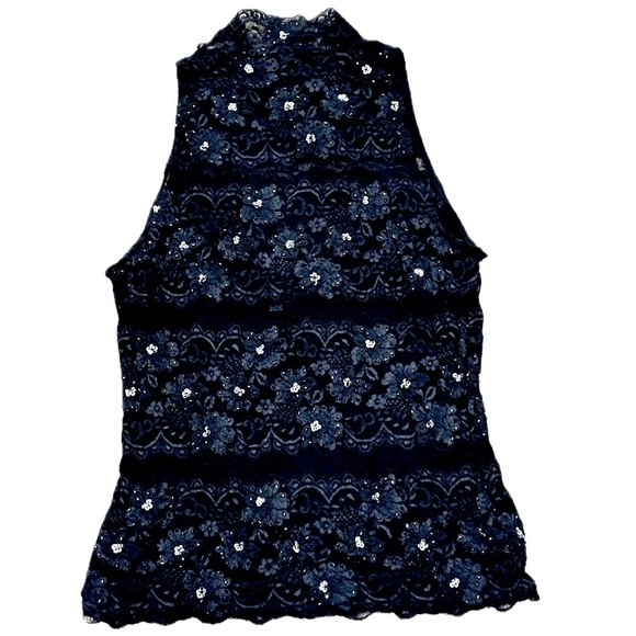 👚🖤 CACHE Black Lace Mock Neck Top | Women’s L |‎ Vintage Lined Sleeveless Glam - Picture 2 of 5